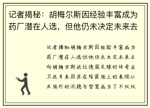 记者揭秘：胡梅尔斯因经验丰富成为药厂潜在人选，但他仍未决定未来去向