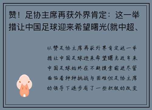 赞！足协主席再获外界肯定：这一举措让中国足球迎来希望曙光(就中超、中甲俱乐部)