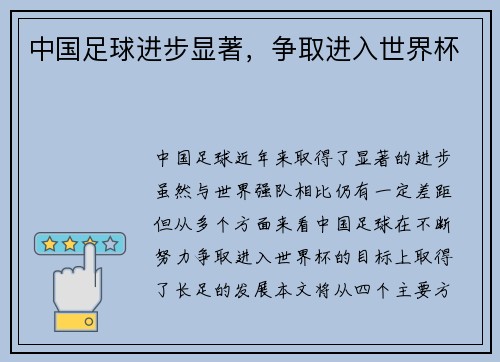 中国足球进步显著，争取进入世界杯