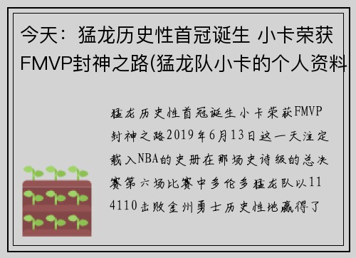 今天：猛龙历史性首冠诞生 小卡荣获FMVP封神之路(猛龙队小卡的个人资料简介)