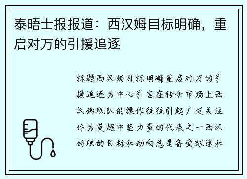 泰晤士报报道：西汉姆目标明确，重启对万的引援追逐