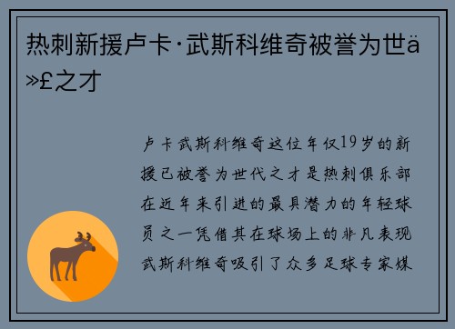 热刺新援卢卡·武斯科维奇被誉为世代之才