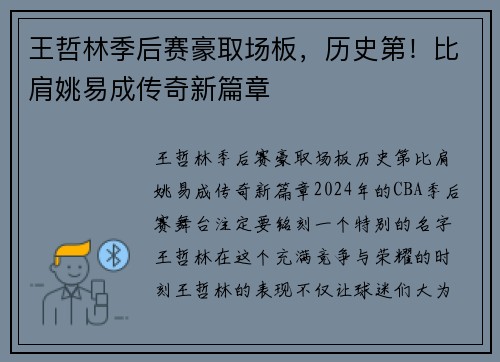 王哲林季后赛豪取场板，历史第！比肩姚易成传奇新篇章
