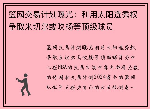 篮网交易计划曝光：利用太阳选秀权争取米切尔或吹杨等顶级球员