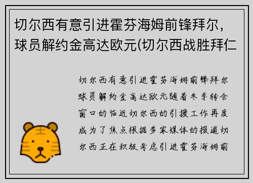 切尔西有意引进霍芬海姆前锋拜尔，球员解约金高达欧元(切尔西战胜拜仁夺冠)
