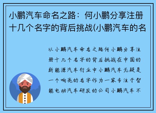 小鹏汽车命名之路：何小鹏分享注册十几个名字的背后挑战(小鹏汽车的名字怎么取得)