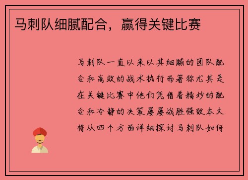 马刺队细腻配合，赢得关键比赛